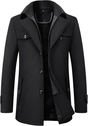 Maiyifu-GJ Mens Layered Collar Pea Coat Single Breasted Quilted Lined Military Peacoat Winter Lapel Wool Blend Trench Jacket