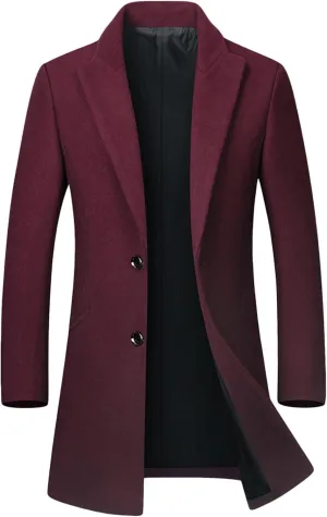 Maiyifu-GJ Men's Mid-Length Single Breasted Coat Notch Lapel Slim Top Pea Coats Winter Windproof Business Trench Overcoat