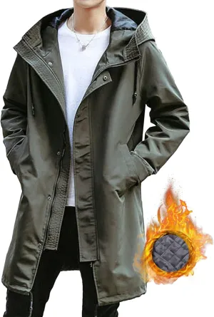 Maiyifu-GJ Men's Windbreaker Hooded Trench Coat Casual Lightweight Windproof Mid Long Overcoat Spring Fall Slim fit Jacket (Army Green 2,X-Large)