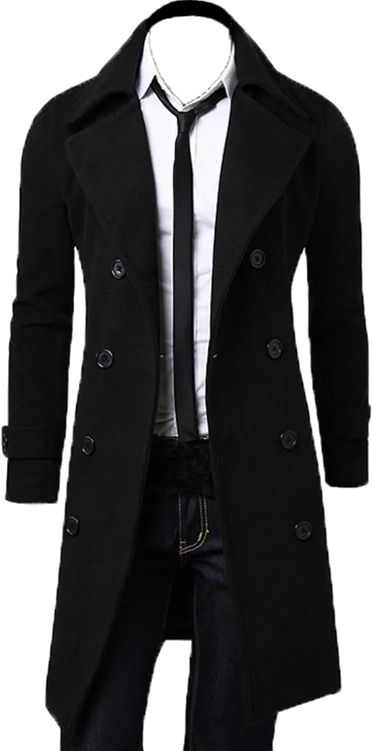 Maiyifu-GJ Men's Wool Blend Pea Coat Double Breasted Slim Fit Long Trench Coat Casual Business Mid-Length Jackets Overcoat