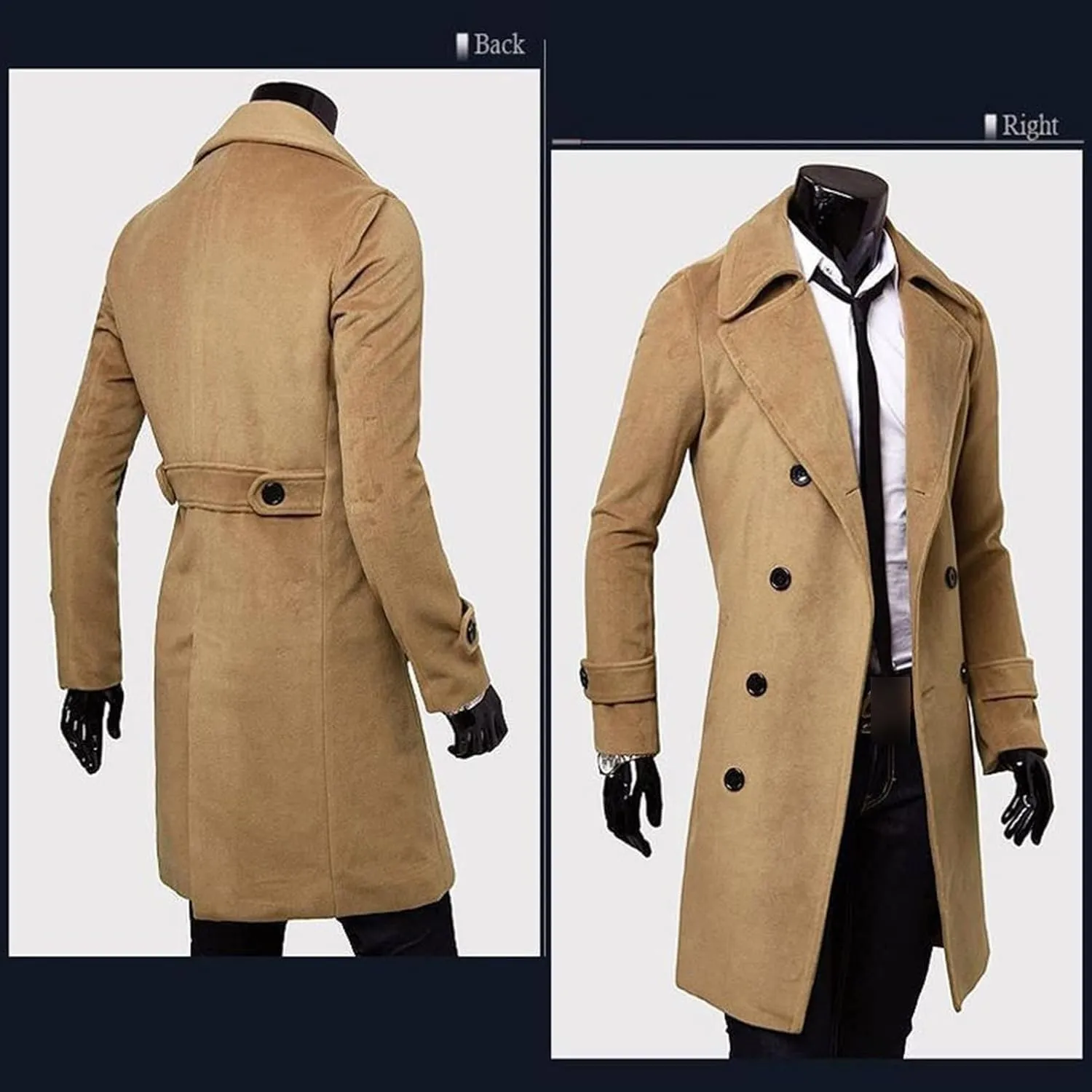Maiyifu-GJ Men's Wool Blend Pea Coat Double Breasted Slim Fit Long Trench Coat Casual Business Mid-Length Jackets Overcoat