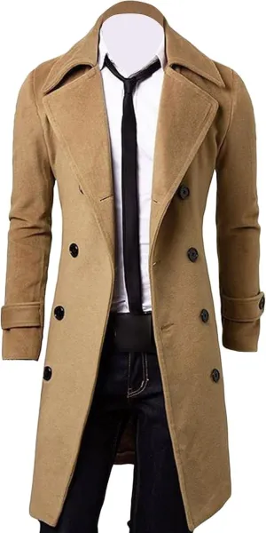 Maiyifu-GJ Men's Wool Blend Pea Coat Double Breasted Slim Fit Long Trench Coat Casual Business Mid-Length Jackets Overcoat