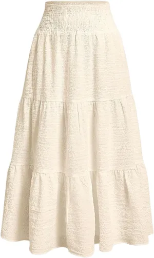 MakeMeChic Women's Shirred Ruffle Tiered A Line Elastic Waist Summer Long Skirts