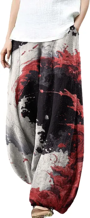 MARSVOVO Palazzo Pants for Women Trendy Wave Print Japanese Flowy Pants Lounge Casual Comfy Lantern Wide Leg Trousers