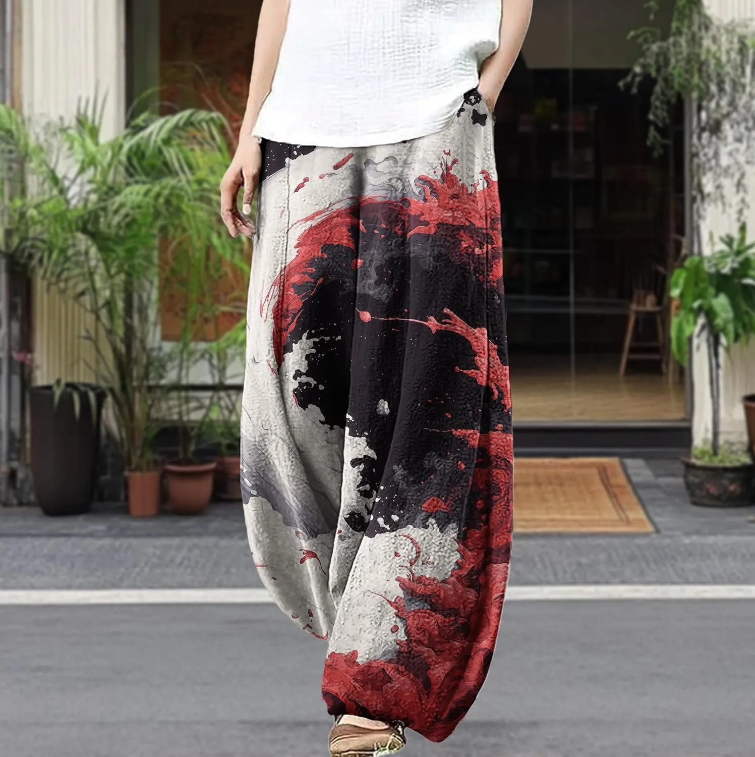 MARSVOVO Palazzo Pants for Women Trendy Wave Print Japanese Flowy Pants Lounge Casual Comfy Lantern Wide Leg Trousers