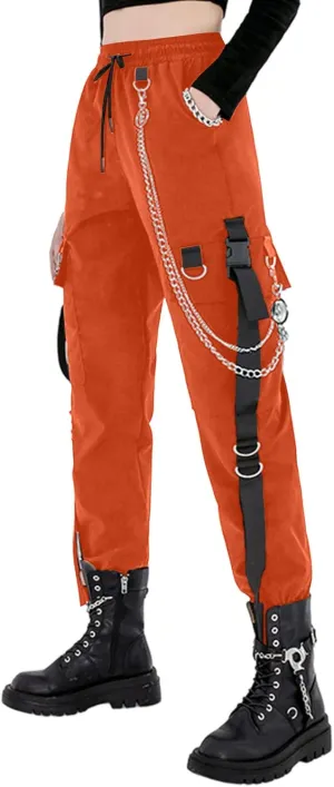 MEINVQIAOTI Black Cargo Pants for Women Techwear Women Loose Street Rock Style Casual Black Pants with Chain Goth Pants