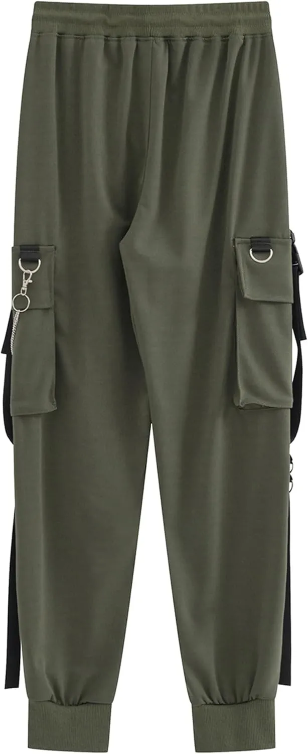 MEINVQIAOTI Black Cargo Pants for Women Techwear Women Loose Street Rock Style Casual Black Pants with Chain Goth Pants