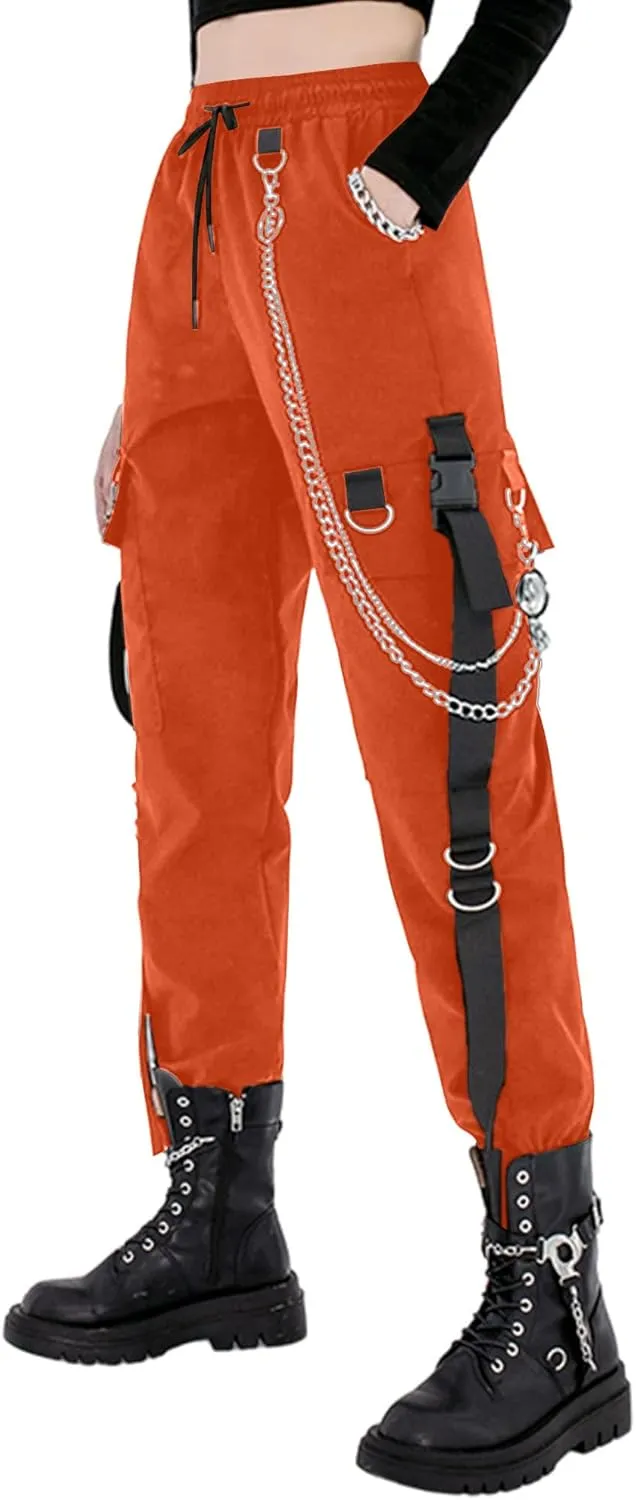 MEINVQIAOTI Black Cargo Pants for Women Techwear Women Loose Street Rock Style Casual Black Pants with Chain Goth Pants