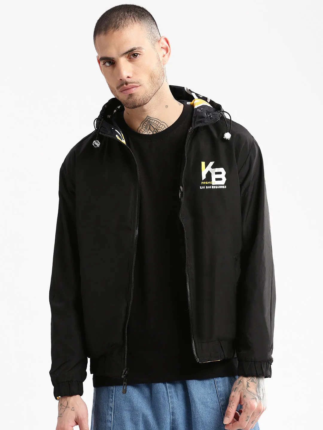 Men Hooded Black Typography Bomber Over sized Reversible Jacket