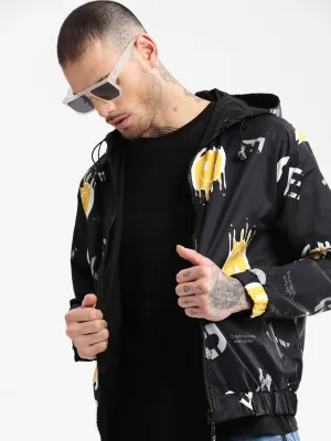 Men Hooded Black Typography Bomber Over sized Reversible Jacket