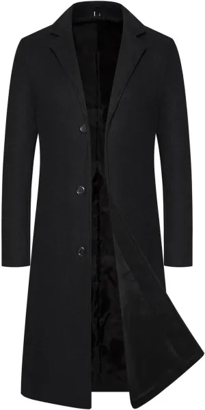 Men Winter Trench Jacket Casual Mid-Length Notched Neck Peacoat Loose Windproof Single Breasted Long Sleeve Overcoats