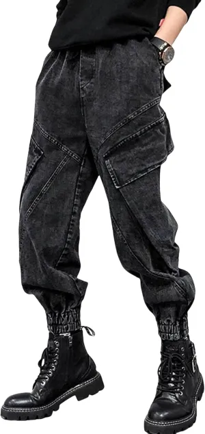 Men's Black Jeans Japanese Street Fashion Pants Vintage Casual Pants Multi Pocket Harem Cargo Pants Rave Pants
