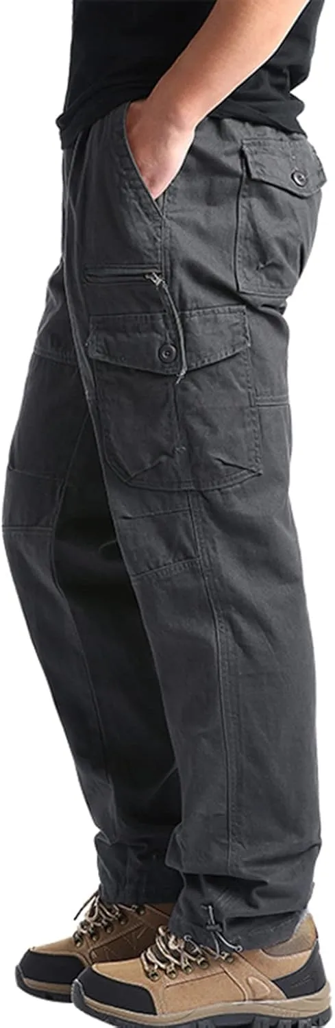 Mens Cargo Work Pants Elastic Waist Slim Fit Athletic Jogger Pants Drawstring Khaki Chinos Trousers Sweatpants
