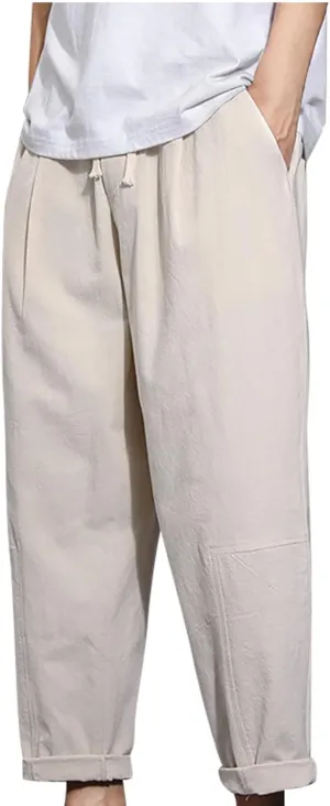 Mens Casual Pants Cotton Linen Loose Fit Elastic Waist Trousers Baggy Summer Beach Vacation Pants with Pockets