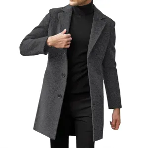 Mens Casual Trench Coat Notched Collar Single Breasted Business Overcoat Winter Warm Wool Blend Peacoat