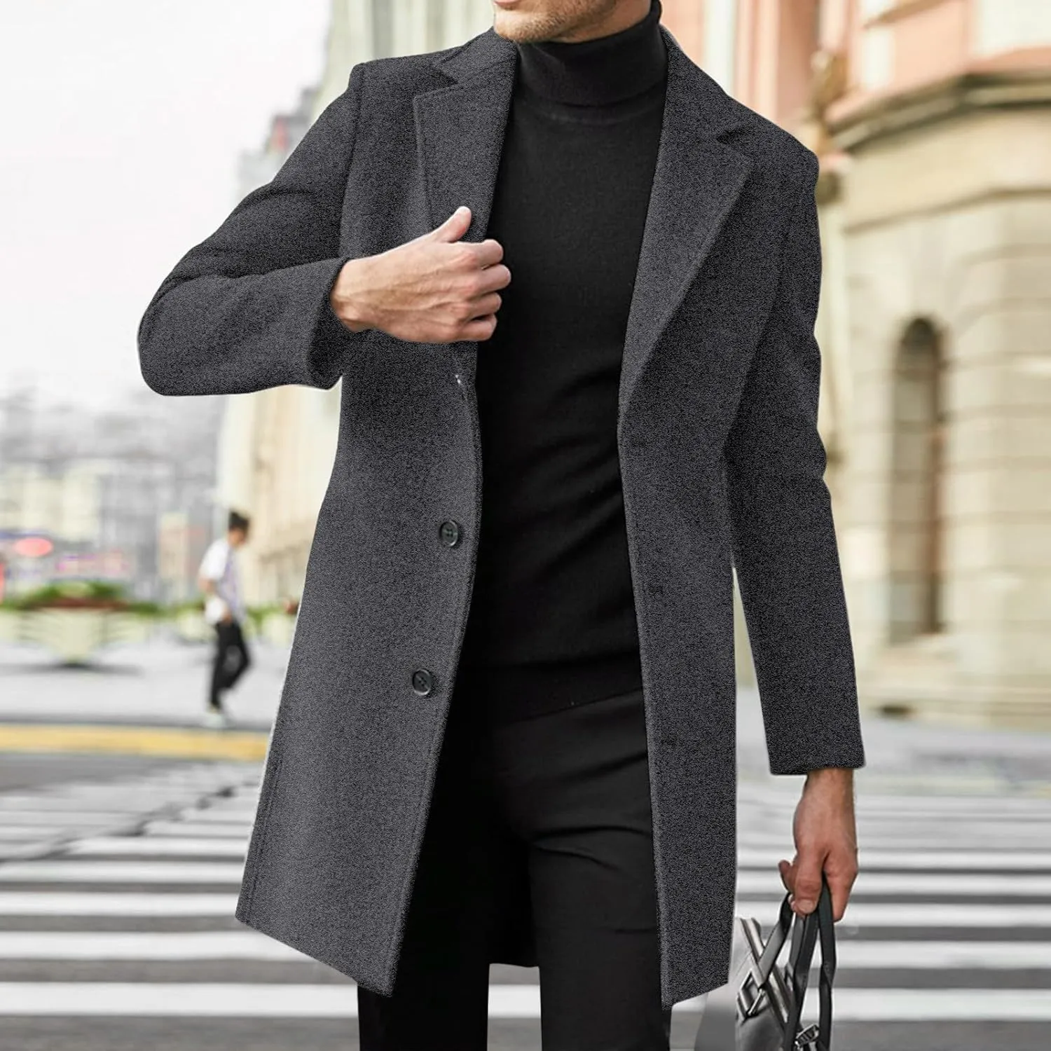 Mens Casual Trench Coat Notched Collar Single Breasted Business Overcoat Winter Warm Wool Blend Peacoat