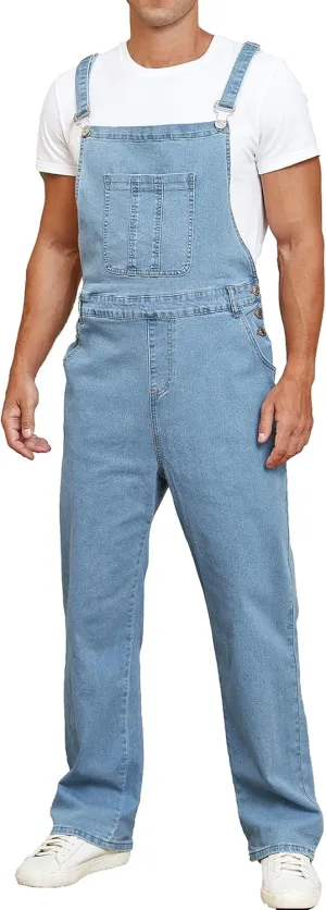 Men's Denim Bib Overalls Slim Fit Stretchy Fashion Jean Jumpsuit with Pockets