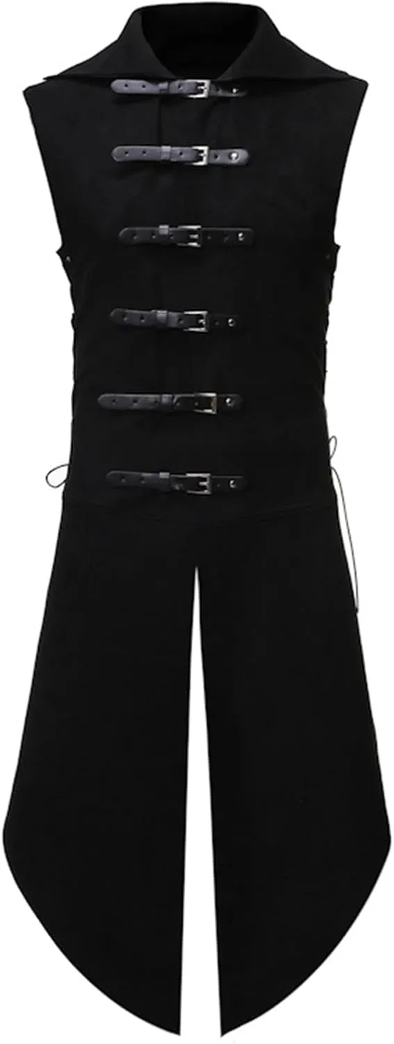 Men's Gothic Long Vest Clothing, Medieval Court Vests, Retro Tailcoat, Slim Fit Vest, Sleeveless Casual Lapel Jacket