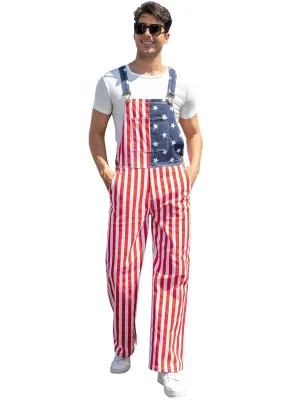 Mens Rompers American Flag Jumpsuits 4th of July Jean Overalls with Zipper Fly Bro Outfits