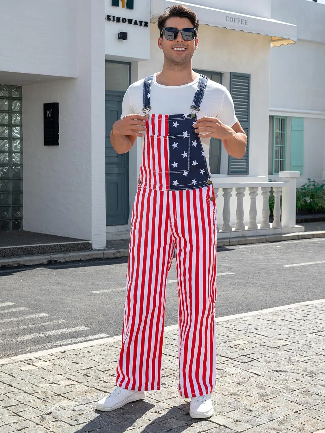 Mens Rompers American Flag Jumpsuits 4th of July Jean Overalls with Zipper Fly Bro Outfits