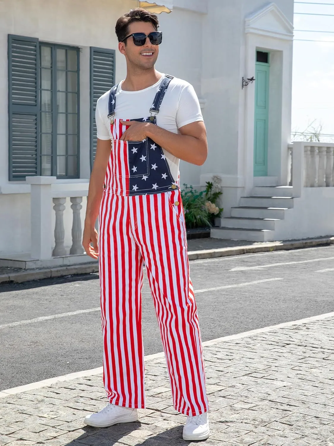 Mens Rompers American Flag Jumpsuits 4th of July Jean Overalls with Zipper Fly Bro Outfits