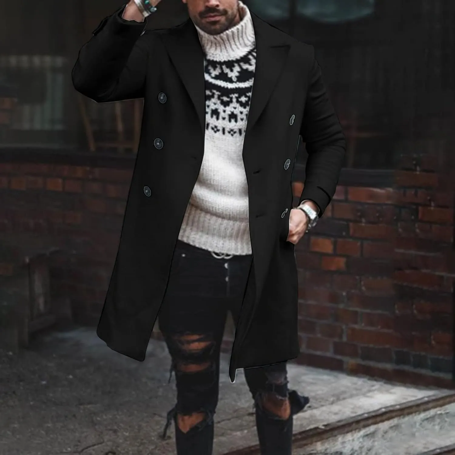 Mens Single Breasted Trench Coat Winter Pea Coat Notch Lapel Long Casual Overcoat Slim Fit Long Jacket Pea Coat