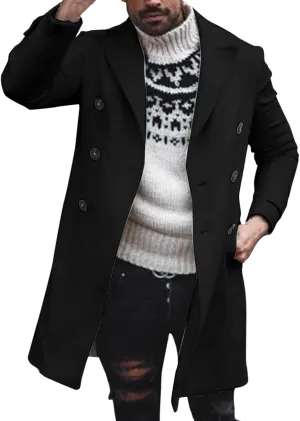 Mens Single Breasted Trench Coat Winter Pea Coat Notch Lapel Long Casual Overcoat Slim Fit Long Jacket Pea Coat