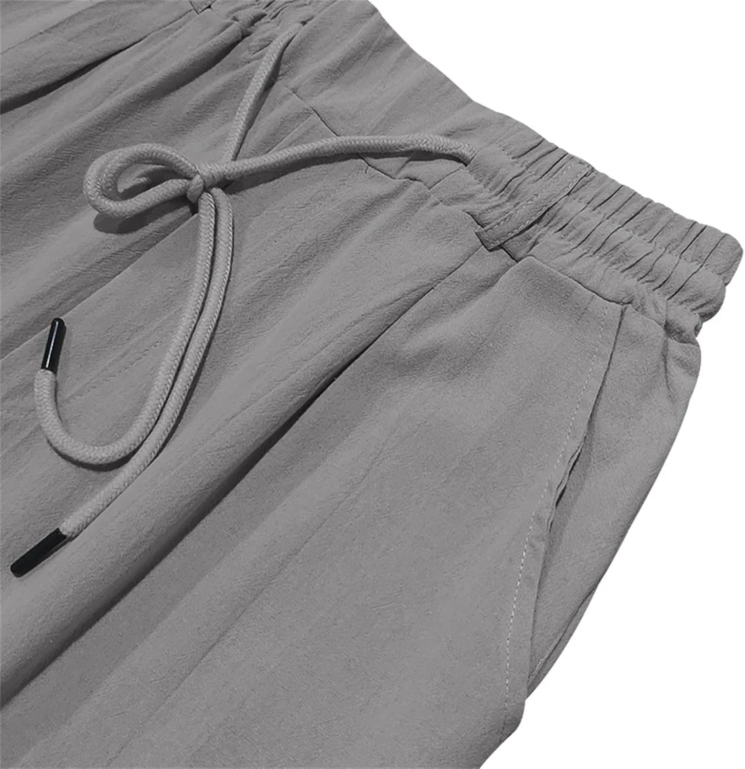 Men's Slim Fit Cotton Linen Pants Elastic Waist Lightweight Lacing Up Casual Pants Yoga Beach Trousers with Pockets