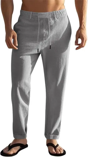 Men's Slim Fit Cotton Linen Pants Elastic Waist Lightweight Lacing Up Casual Pants Yoga Beach Trousers with Pockets