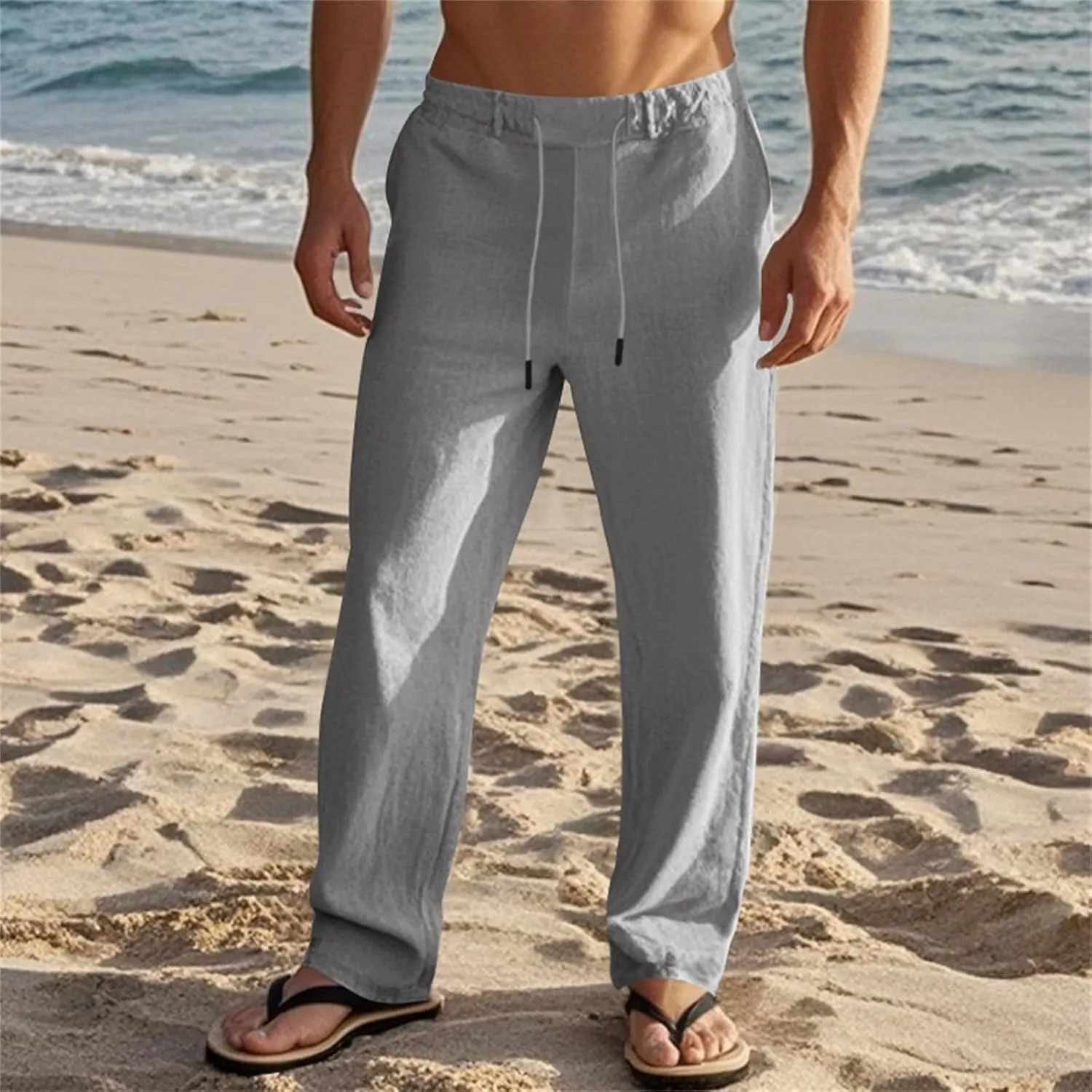 Men's Slim Fit Cotton Linen Pants Elastic Waist Lightweight Lacing Up Casual Pants Yoga Beach Trousers with Pockets