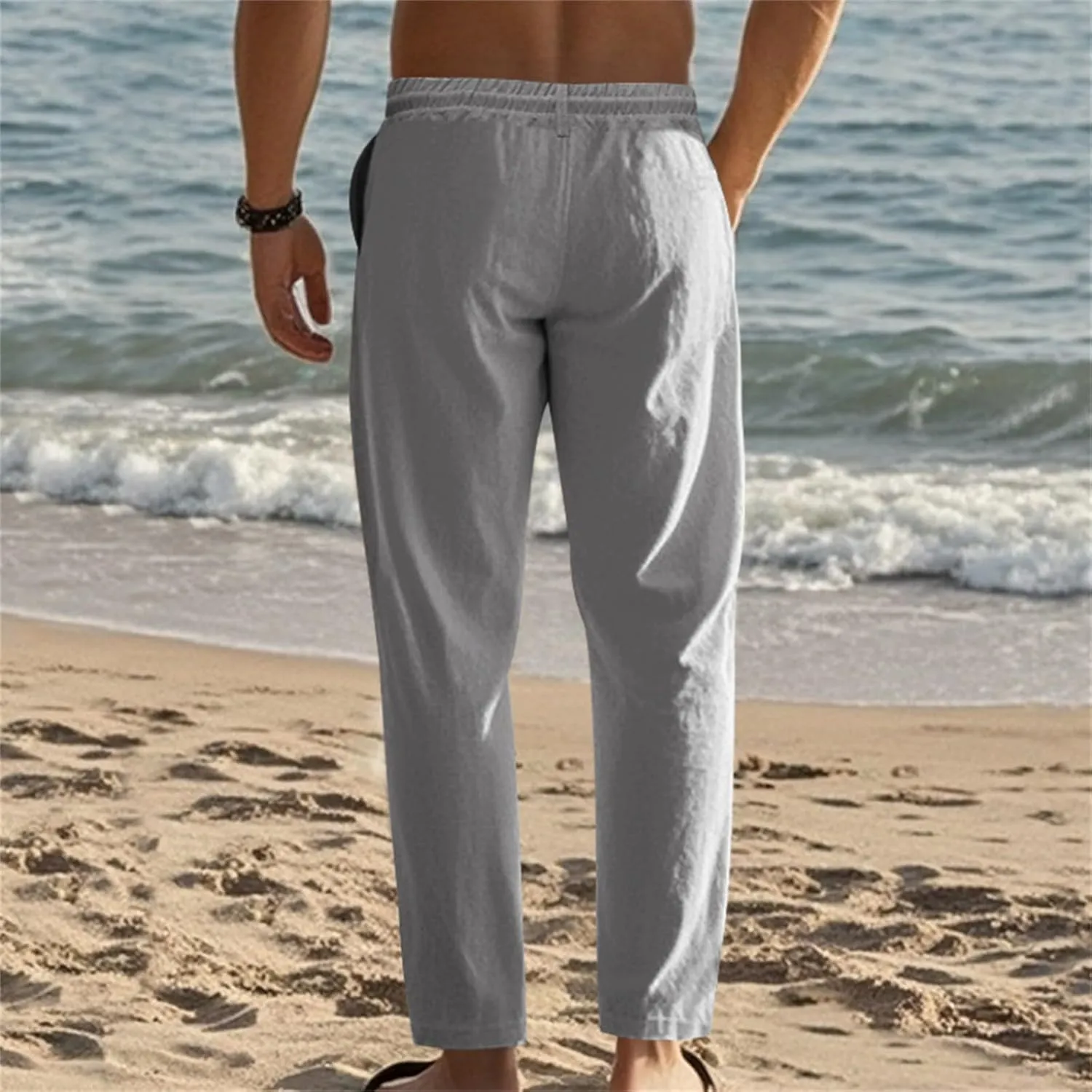 Men's Slim Fit Cotton Linen Pants Elastic Waist Lightweight Lacing Up Casual Pants Yoga Beach Trousers with Pockets