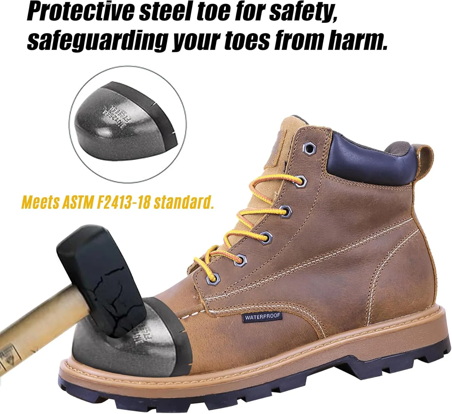 Mens Steel Toe Work Boots With 2 Different Insoles Waterproof Insulated Non Slip & Oil Resistant ASTM F2413