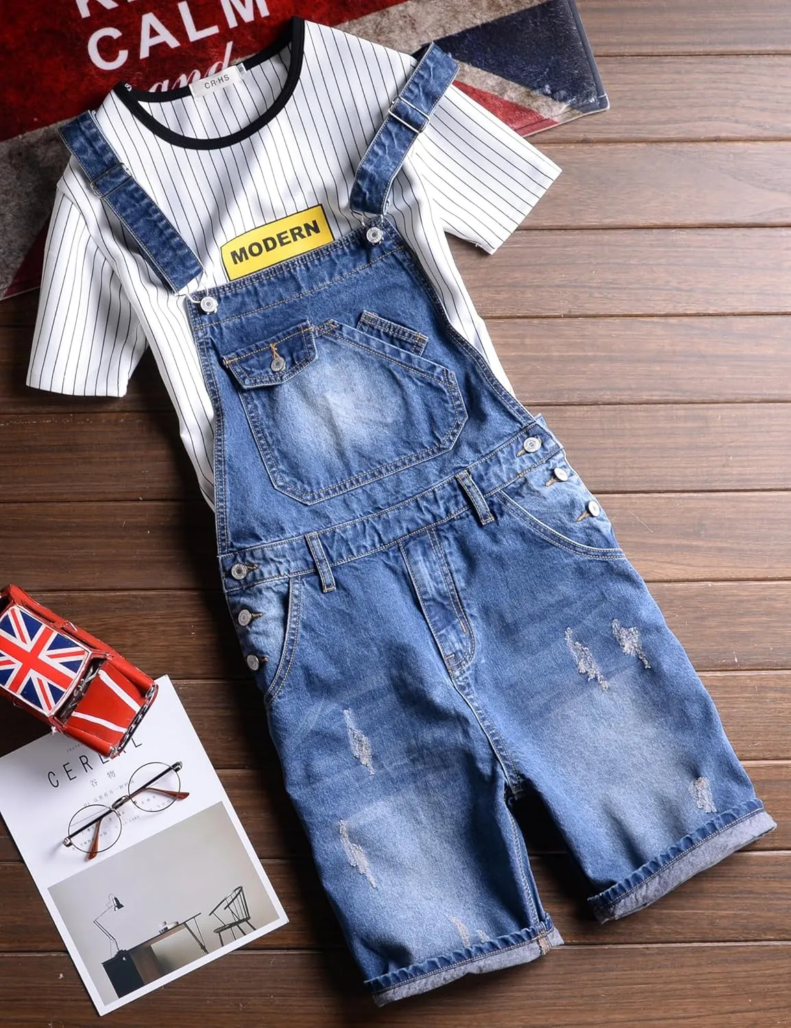 Men's Summer Blue Plus Size Denim Bib Overalls Shorts