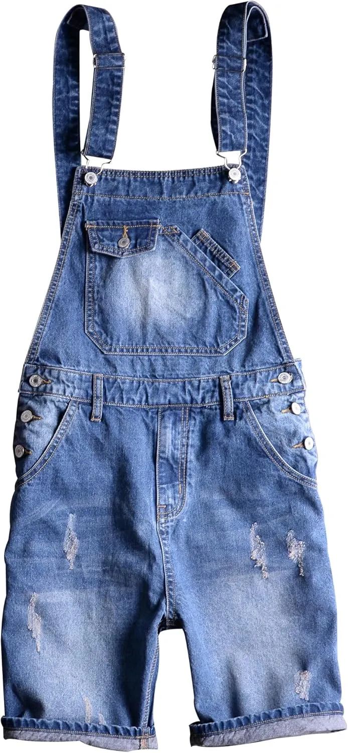 Men's Summer Blue Plus Size Denim Bib Overalls Shorts