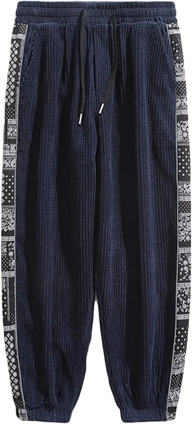 Mens Sweatpants Casual Drawstring Sport Corduroy Loose Pants Summer and Spring Elastic Waist Beam Feed Trousers