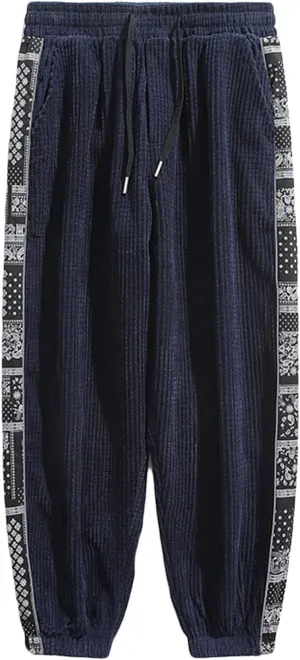 Mens Sweatpants Casual Drawstring Sport Corduroy Loose Pants Summer and Spring Elastic Waist Beam Feed Trousers