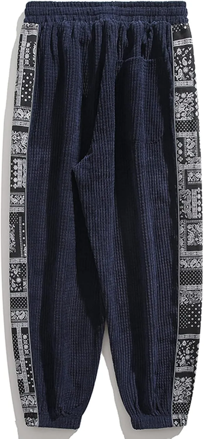 Mens Sweatpants Casual Drawstring Sport Corduroy Loose Pants Summer and Spring Elastic Waist Beam Feed Trousers