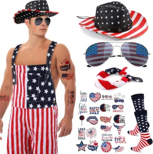 Mepase 15 Pcs American Flag Overalls Sets for Men Women Overalls Shorts Denim Bibs Strap Cowboy Hats Sunglasses Socks Tattoos