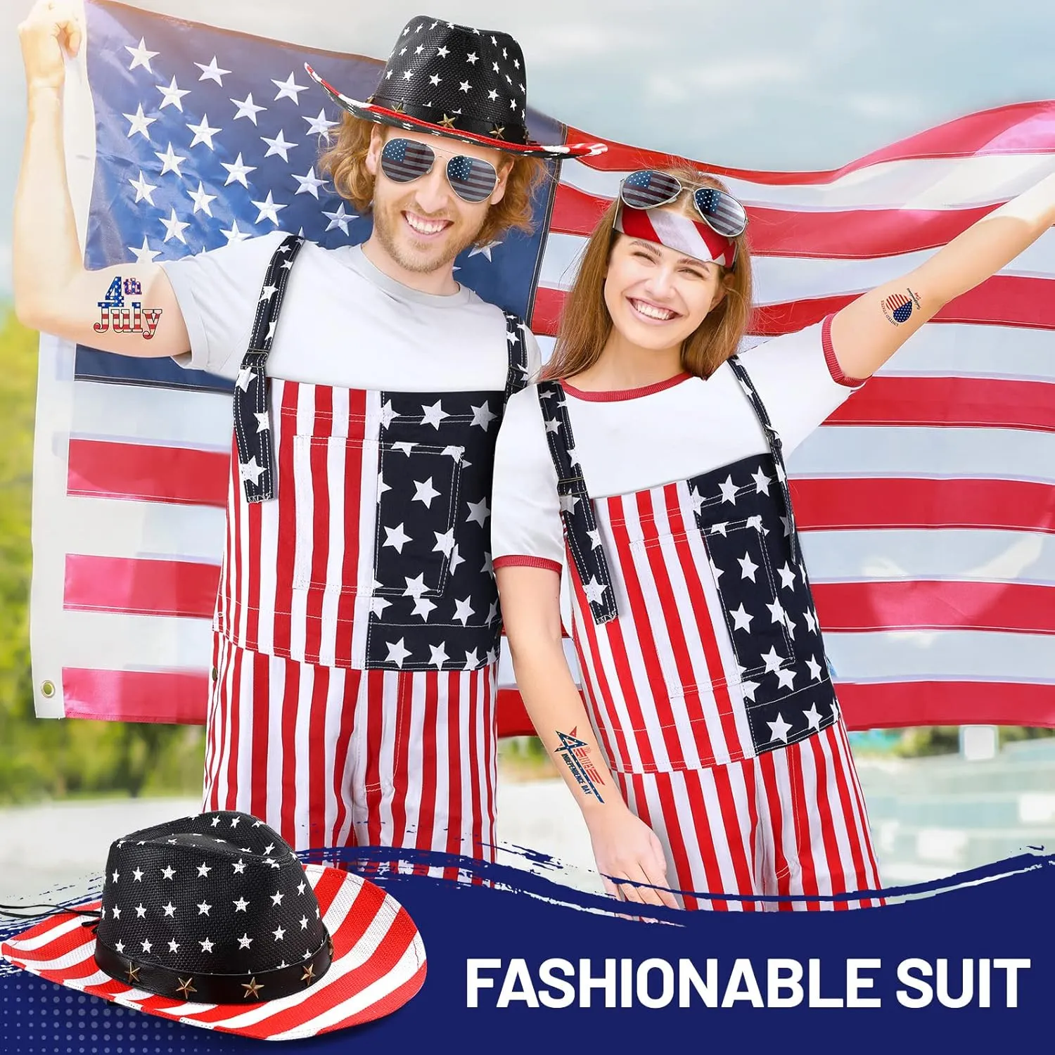 Mepase 15 Pcs American Flag Overalls Sets for Men Women Overalls Shorts Denim Bibs Strap Cowboy Hats Sunglasses Socks Tattoos