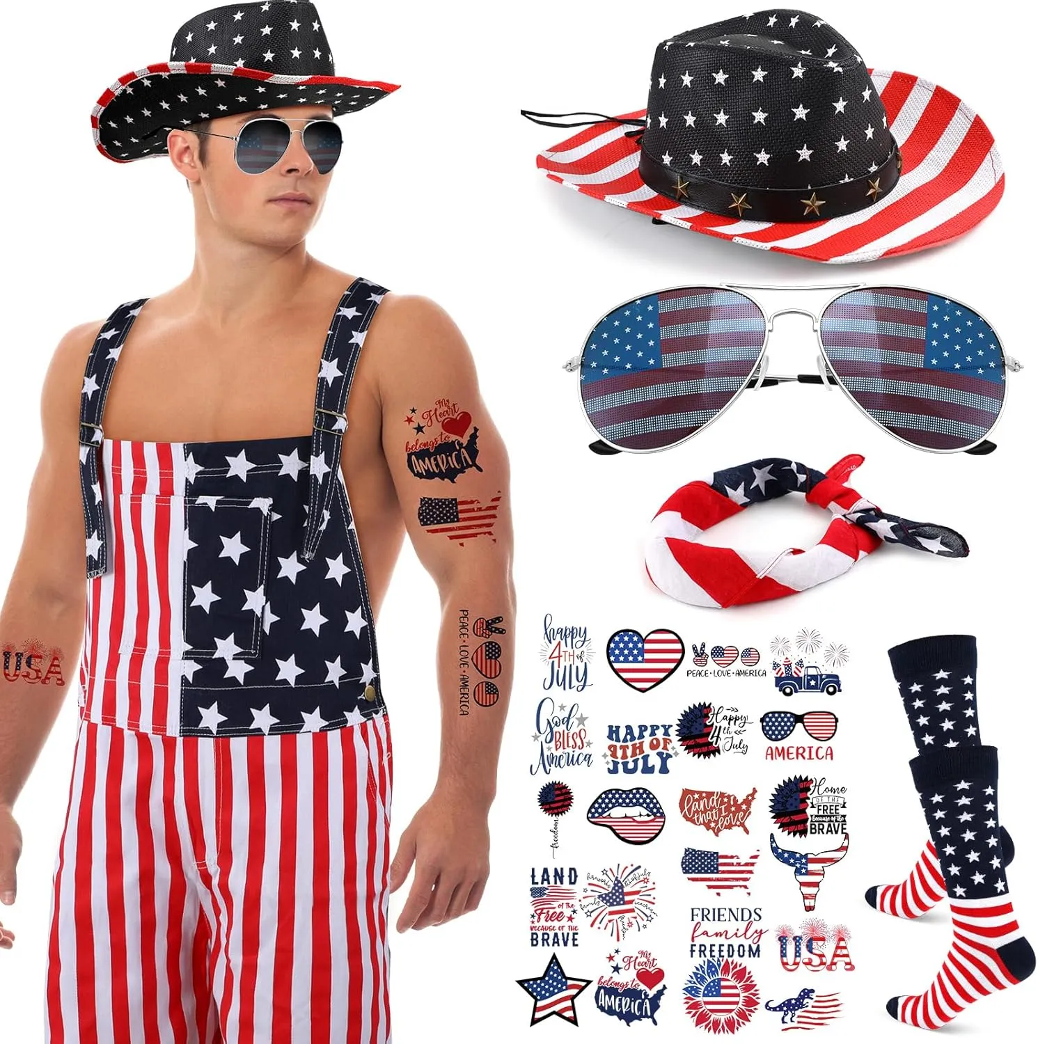 Mepase 15 Pcs American Flag Overalls Sets for Men Women Overalls Shorts Denim Bibs Strap Cowboy Hats Sunglasses Socks Tattoos