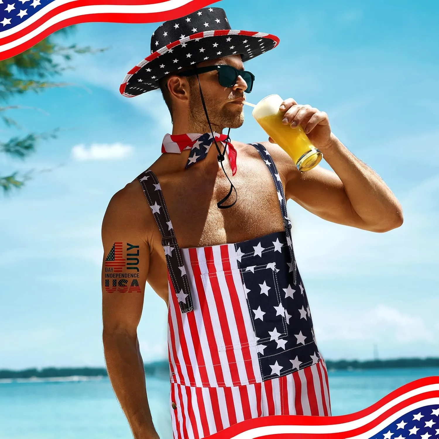 Mepase 15 Pcs American Flag Overalls Sets for Men Women Overalls Shorts Denim Bibs Strap Cowboy Hats Sunglasses Socks Tattoos