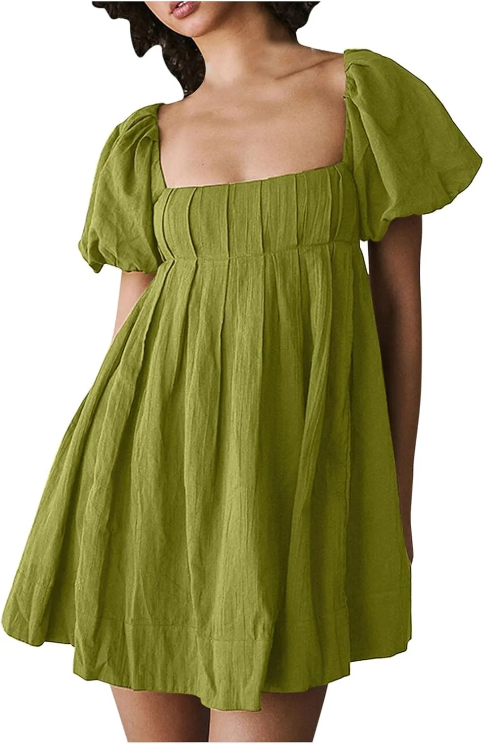 Mini Summer Dress Lounge 2024 Waist Puff Sleeve Knee Length Dresses Ruffle Ruched Solid Color Loose Short Dresses