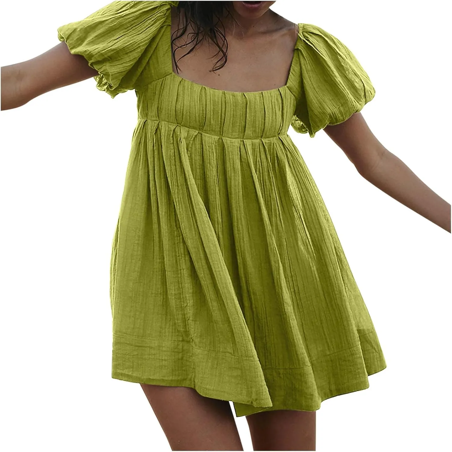 Mini Summer Dress Lounge 2024 Waist Puff Sleeve Knee Length Dresses Ruffle Ruched Solid Color Loose Short Dresses