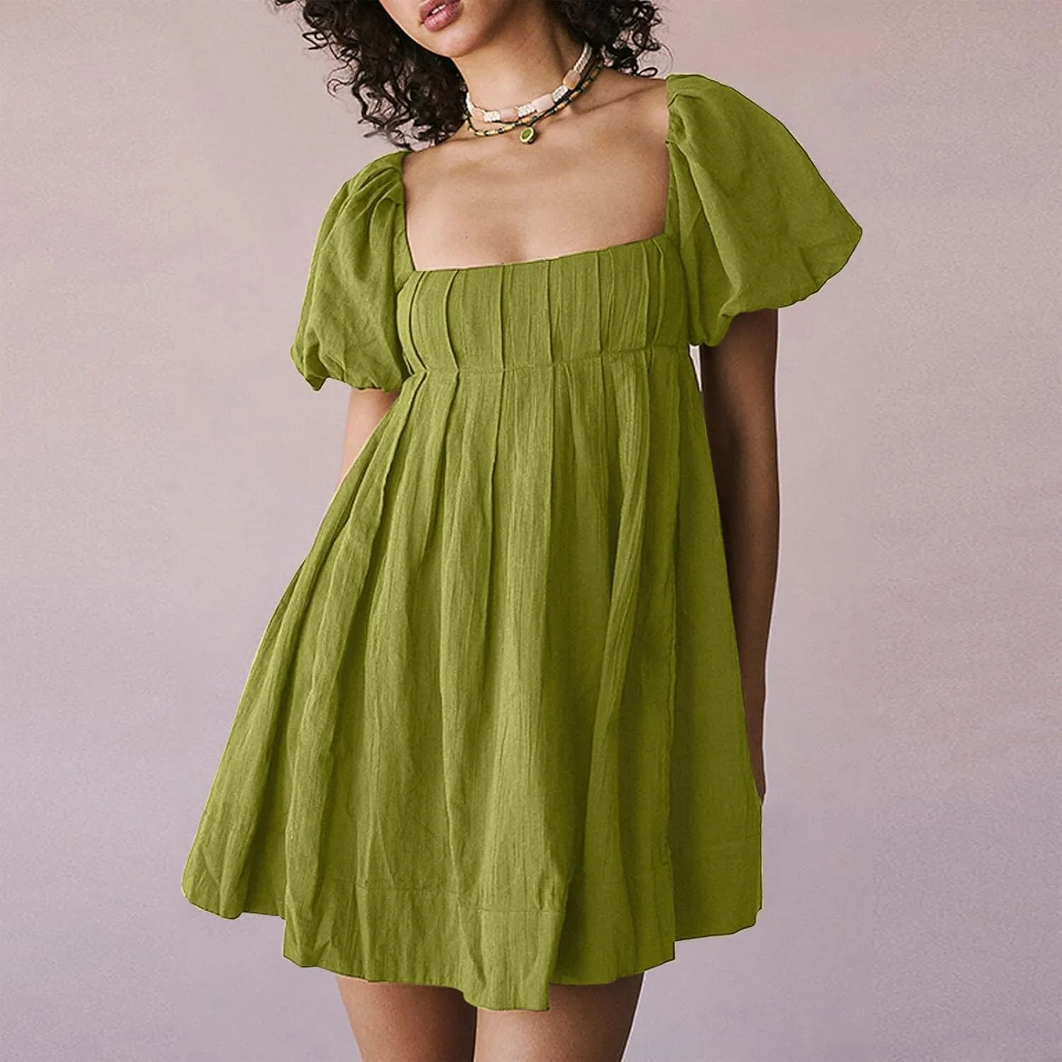 Mini Summer Dress Lounge 2024 Waist Puff Sleeve Knee Length Dresses Ruffle Ruched Solid Color Loose Short Dresses