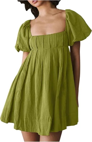 Mini Summer Dress Lounge 2024 Waist Puff Sleeve Knee Length Dresses Ruffle Ruched Solid Color Loose Short Dresses