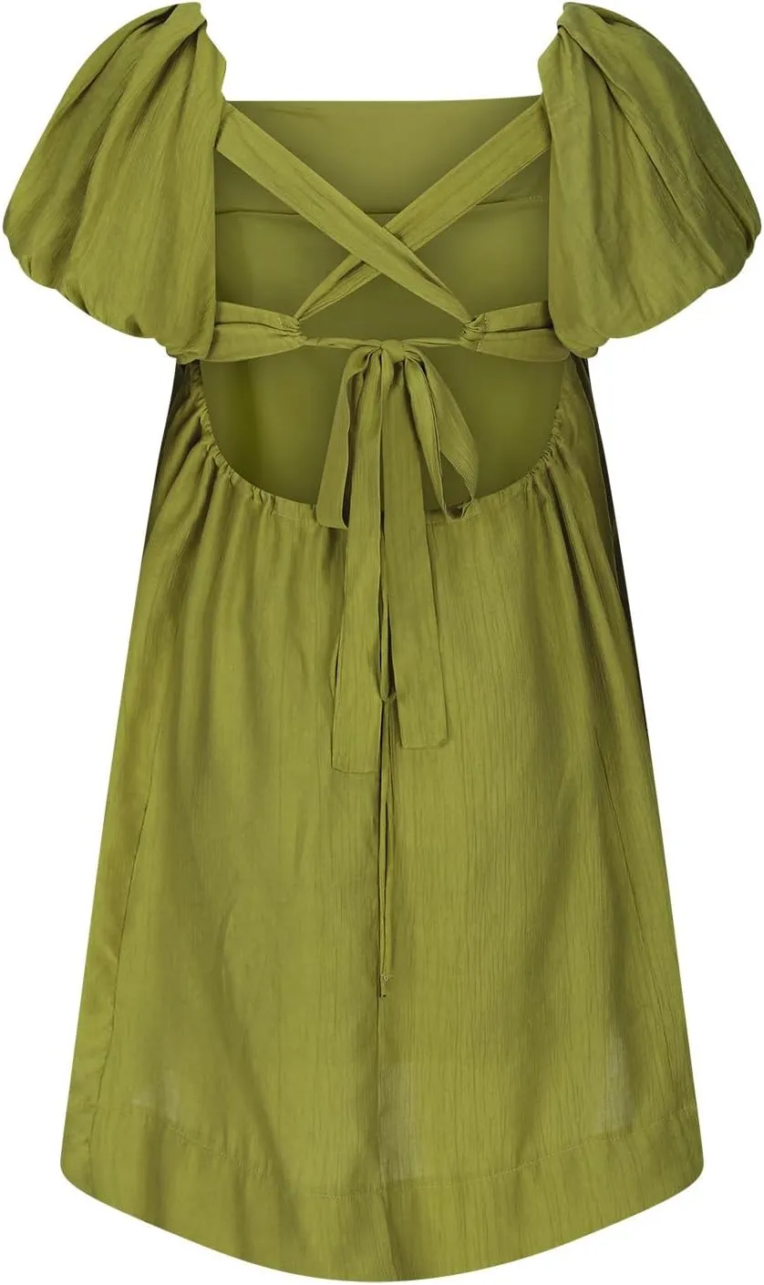 Mini Summer Dress Lounge 2024 Waist Puff Sleeve Knee Length Dresses Ruffle Ruched Solid Color Loose Short Dresses