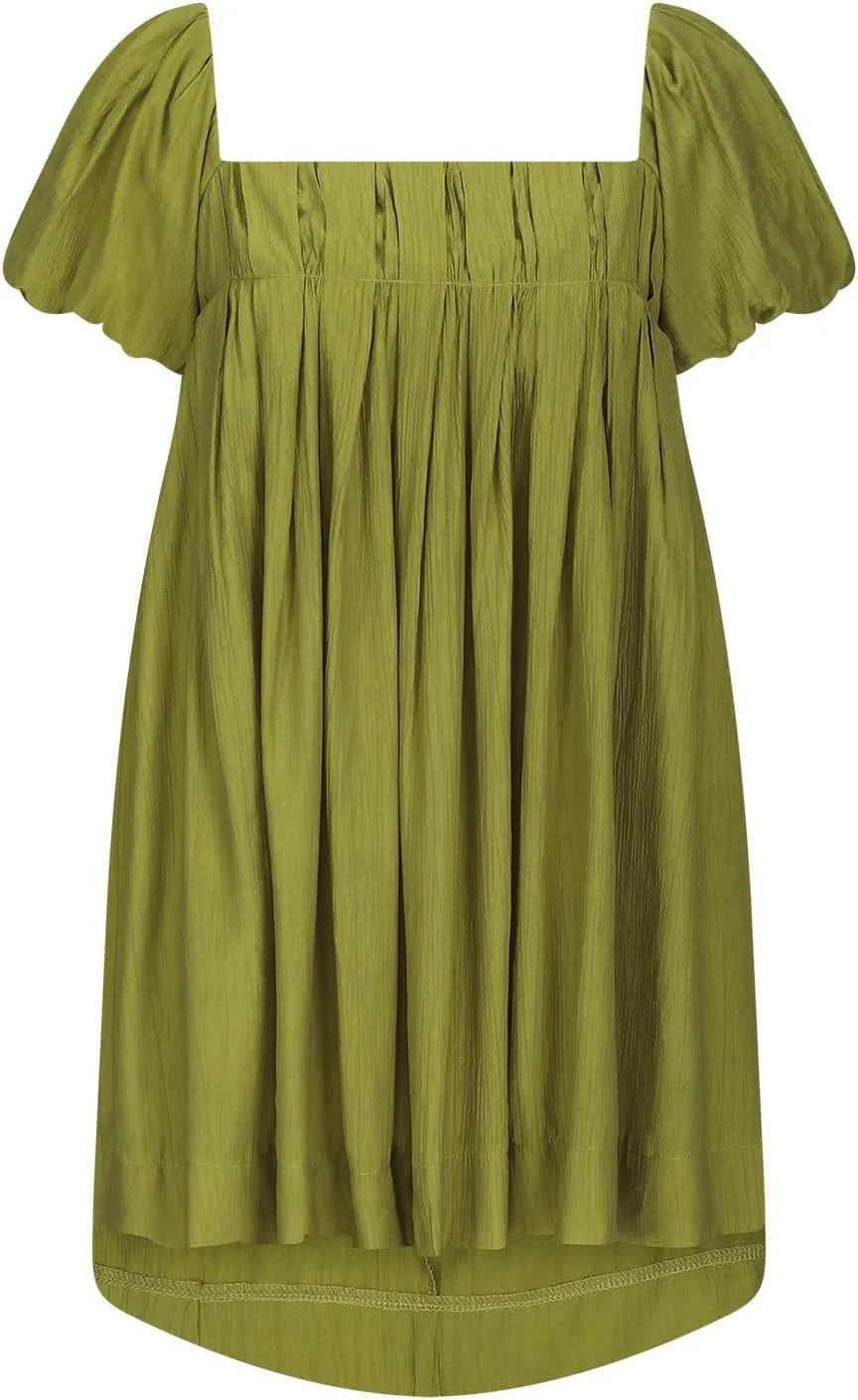 Mini Summer Dress Lounge 2024 Waist Puff Sleeve Knee Length Dresses Ruffle Ruched Solid Color Loose Short Dresses