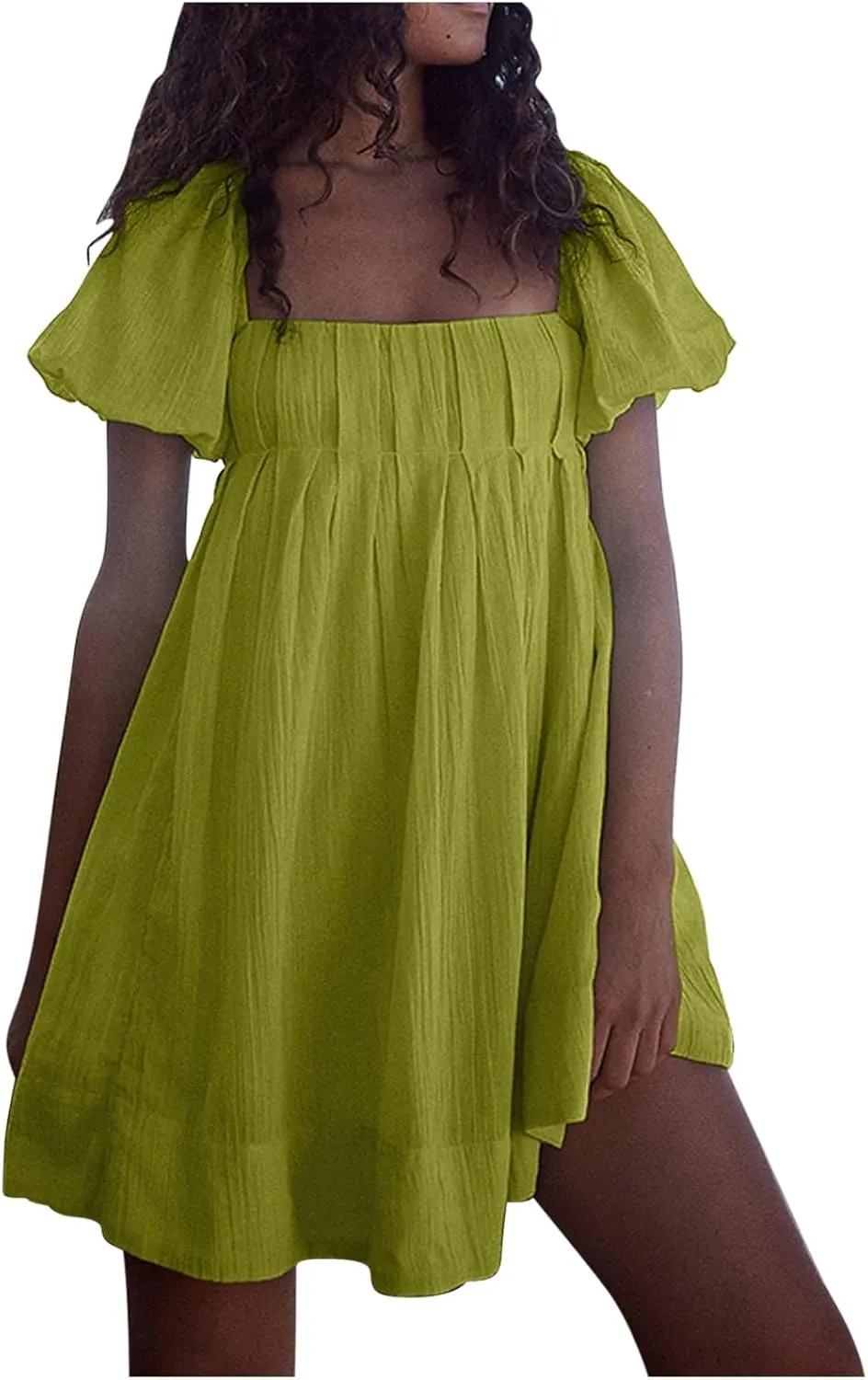 Mini Summer Dress Lounge 2024 Waist Puff Sleeve Knee Length Dresses Ruffle Ruched Solid Color Loose Short Dresses