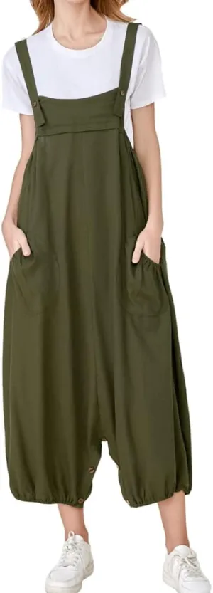 Minibee Womens Casual Loose Jumpsuit Long Baggy Bib Pants Wide Leg Rompers Cotton Overalls with Pockets