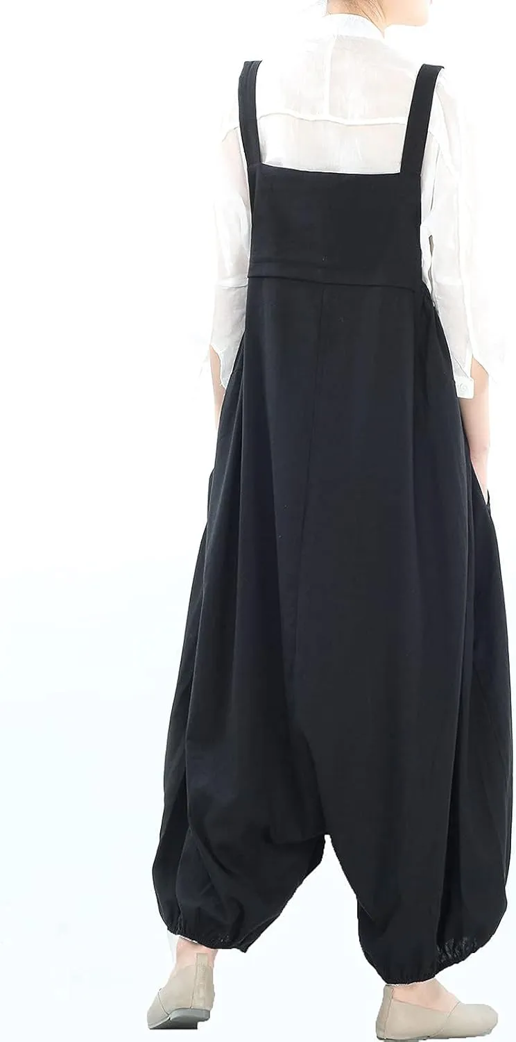 Minibee Womens Casual Loose Jumpsuit Long Baggy Bib Pants Wide Leg Rompers Cotton Overalls with Pockets